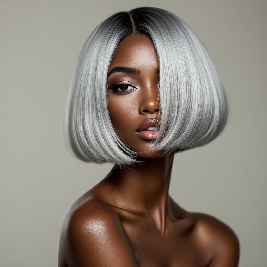 AI generated: hair photography, black woman, bob cut hair, silver color, ivory hue background, studio lighting set...