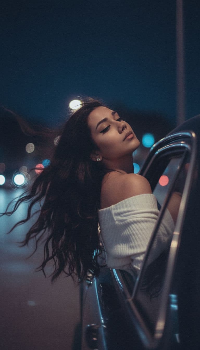 AI generated: Create a photo of me leaning my back out the window car like a dark dreamy blurry vintage windy

n...