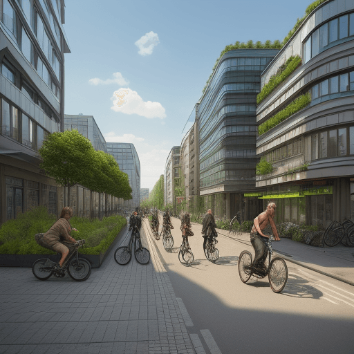 AI generated: realistic photo of future Berlin street scene bike friendly solar punk architecture with no cars, ma...