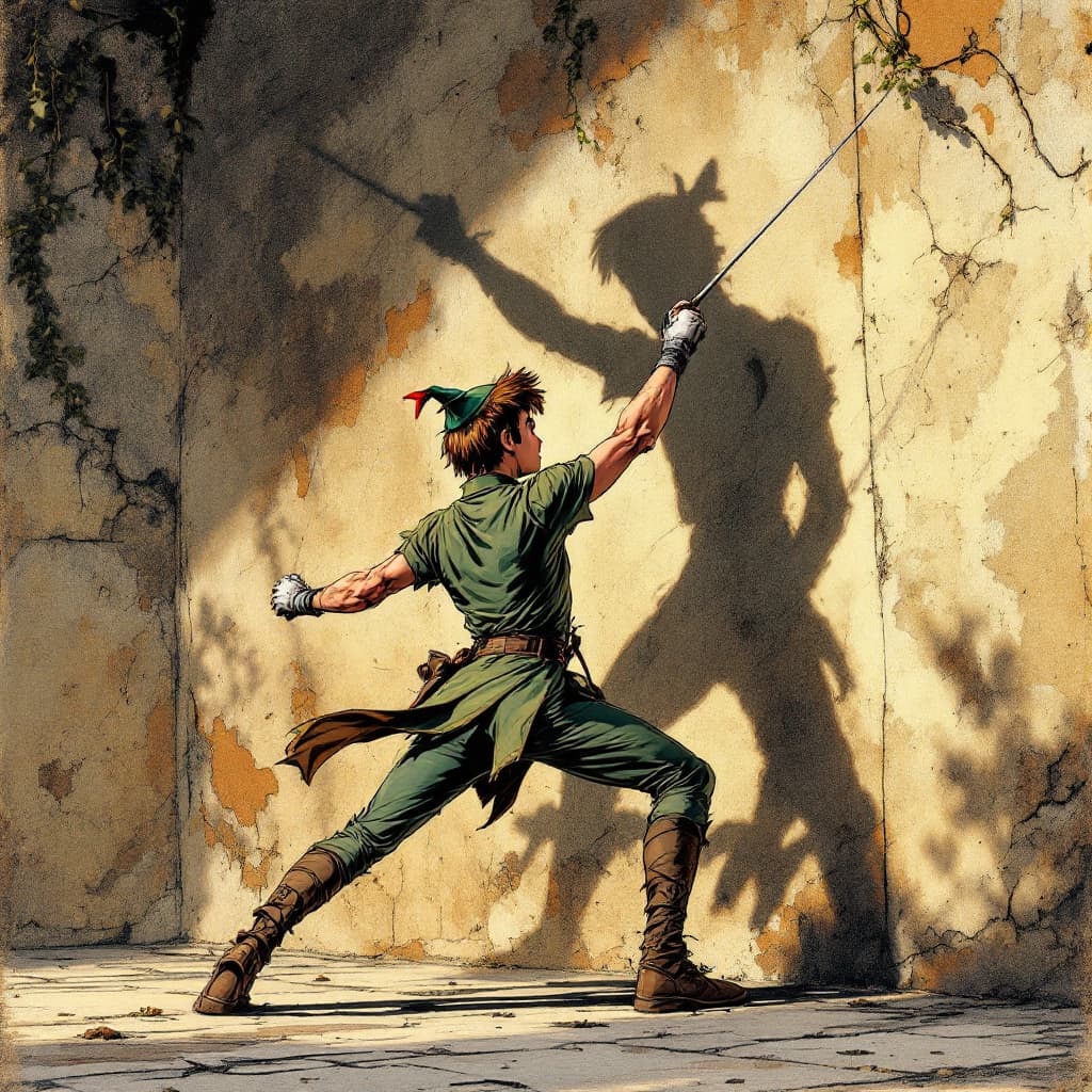 AI generated: Photorealistic comic book cover illustration, full body shot of peter pan fencing with his shadow ag...