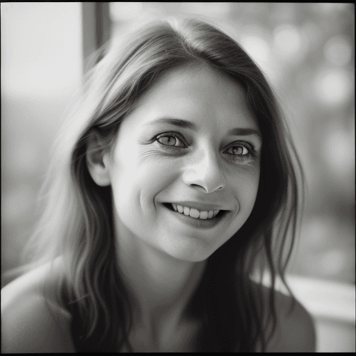 AI generated: focus on the nose, sharp nose, A captivating portrait of a woman grinning, her entire face, includin...