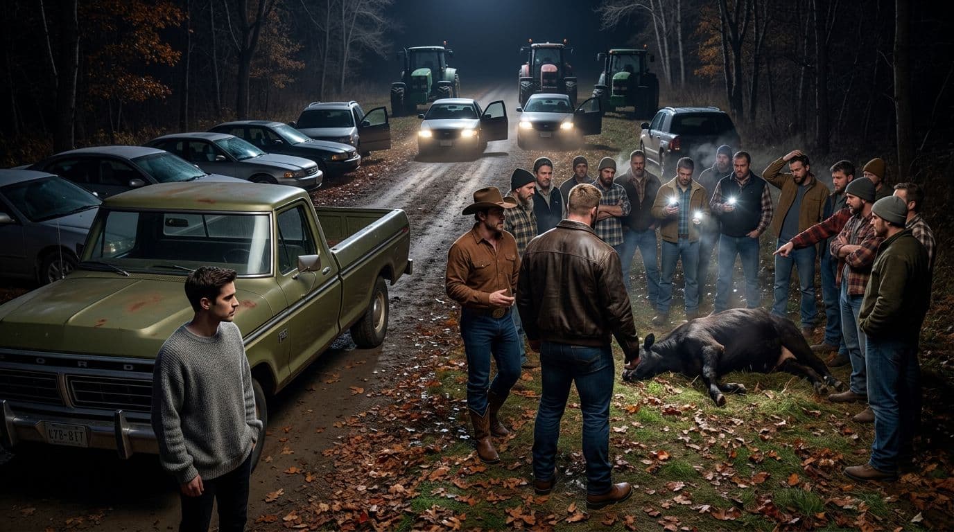 AI generated: In an Autumn night. The vintage olive green Ford pick up truck is parked between the other cars. All...