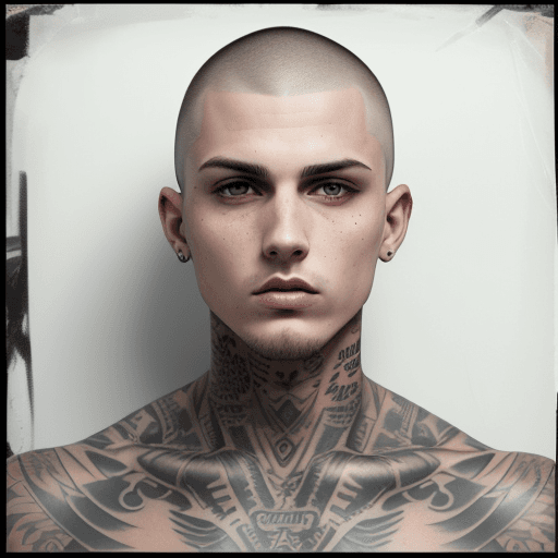 AI generated: mugshot of a badboy with tattoos and buzzcut with the word altered