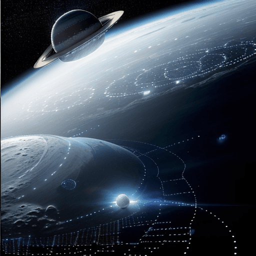 AI generated: Der Orbit der Erde zum Mond ist gesäumt von leuchtenden Raumstationen, die wie funkelnde Juwelen in ...