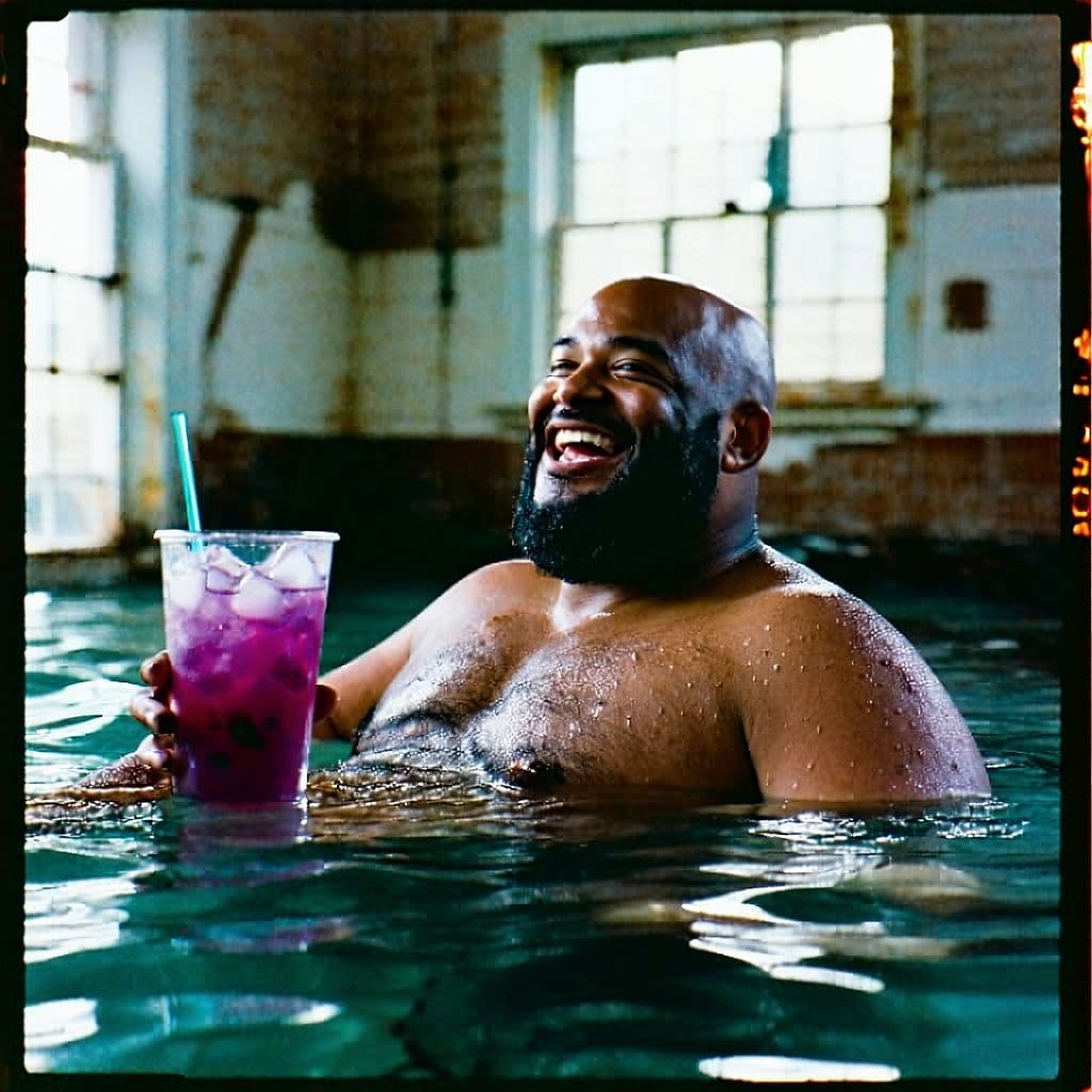 AI generated: grainy 80's photograph quality polaroid of big fat bald elated black man floating with a purple drin...