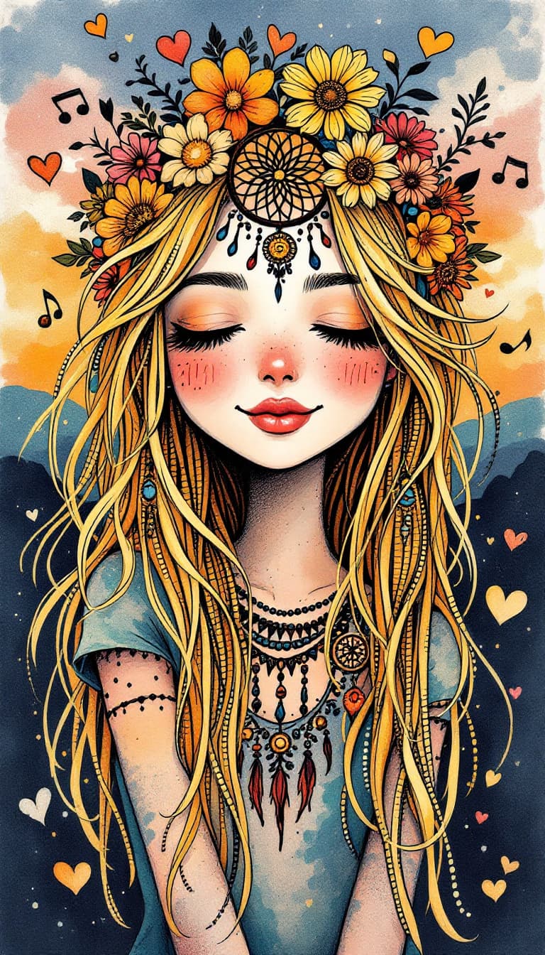 AI generated: Australian aboriginal dot art style, Cute long long wispy flyaway blonde-haired hippie, serene smili...