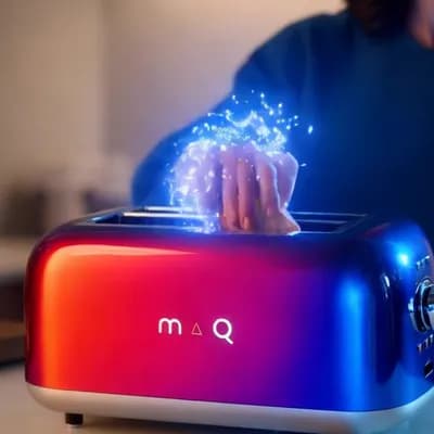AI generated video: In a quiet kitchen, a woman stands in front of a sleek Test.net toaster, its metallic surface split ...