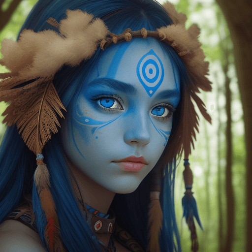 AI generated: Young beautiful female Shaman with tree integrated in her face, looking you right in the eyes, blue ...