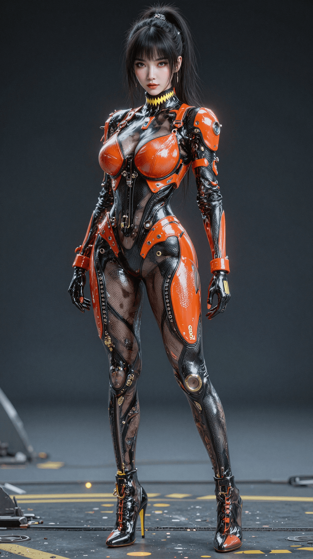 AI generated: A hyperrealistic, ultra-detailed, full-body character of a powerful korean female cyborg in a futuri...