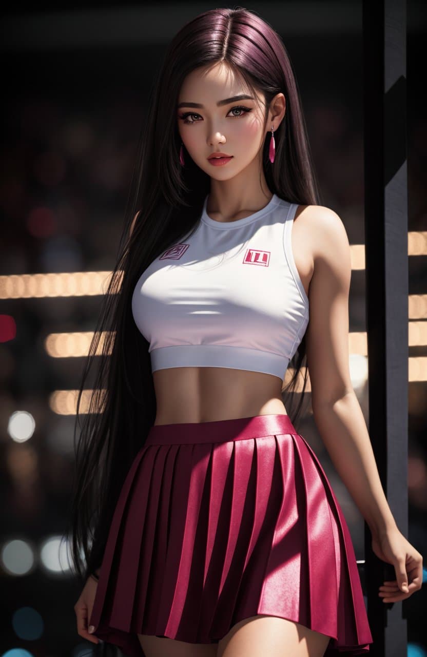 AI generated: boxing woman in (long) pleated skirt, long hair, high detailed face, beautiful high detailed eyes, f...