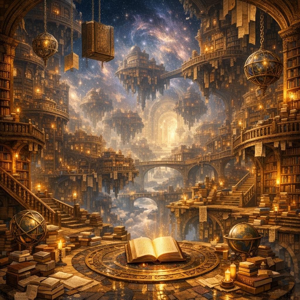 AI generated: Create a unique environment/Biome of a Knowledge → The Infinite Archive (endless libraries)
