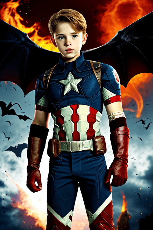 AI generated: 1boy,underage,fair_skin,bat_wings,fiery background,captain america