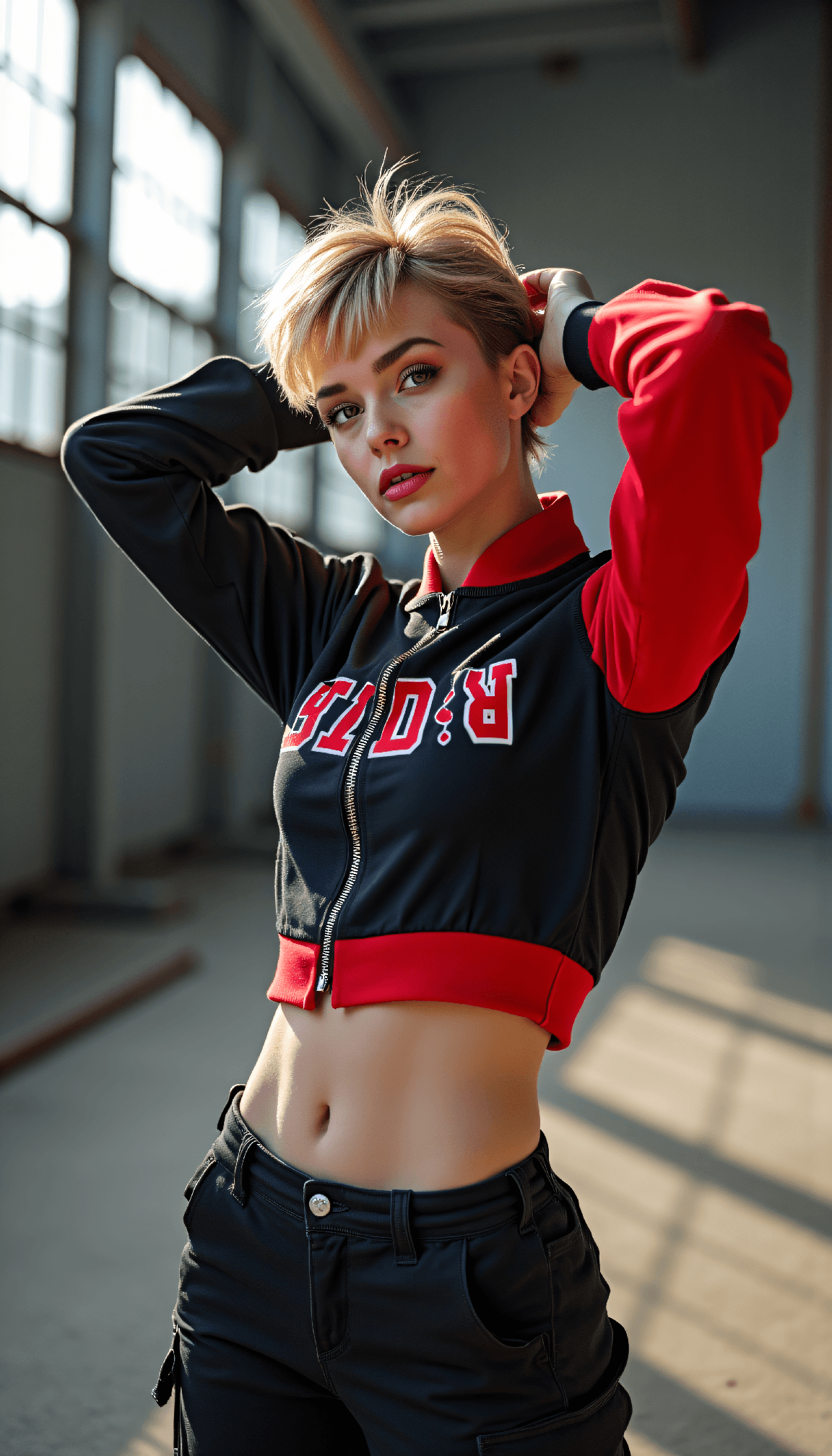 AI generated: beauty, Street fashion full body photo of a 24-year-old Danish-Bavarian female playful comedian with...