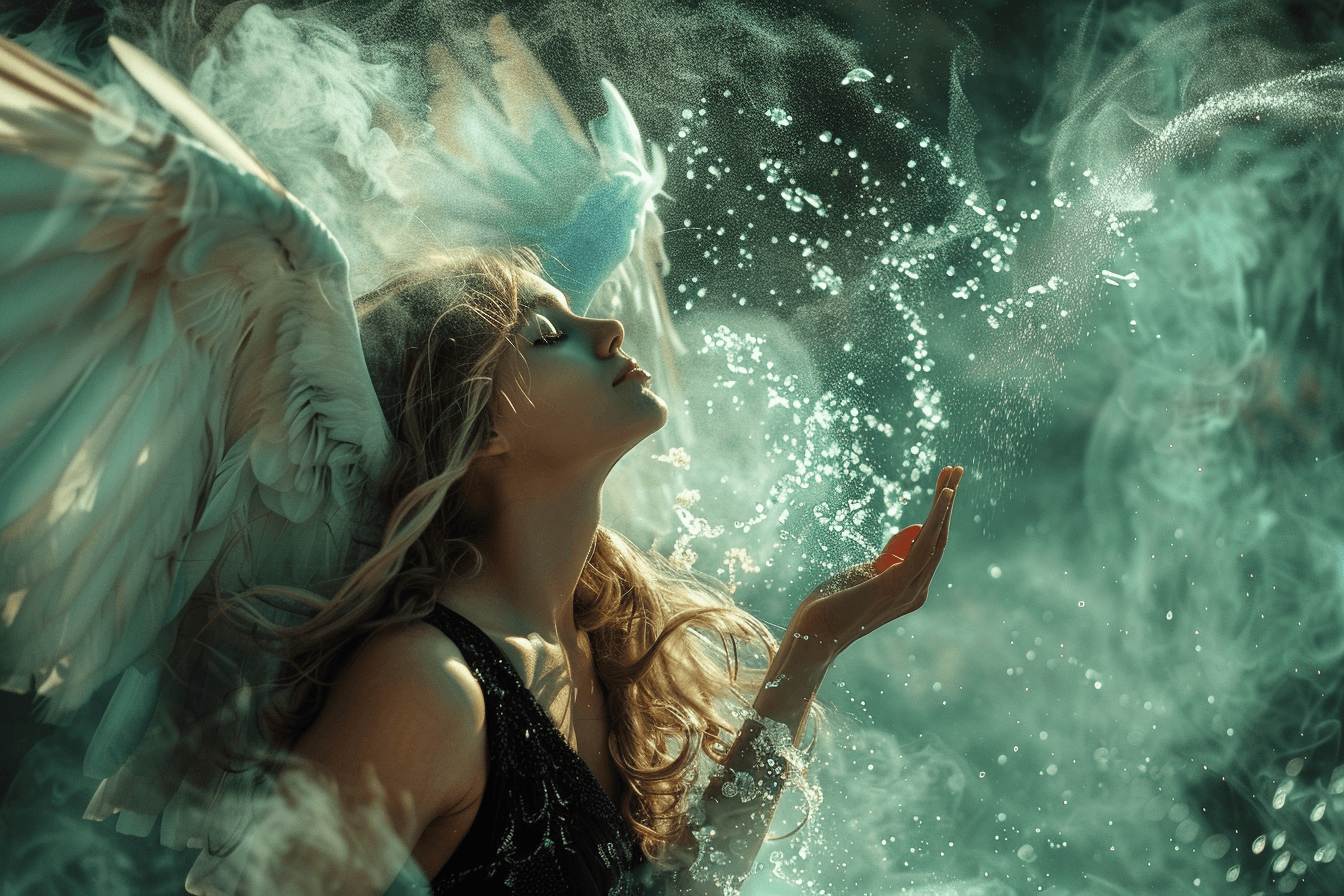 AI generated: photo of an angel woman casting water magic, ethereal, shimmering light in the style of an ethereal ...