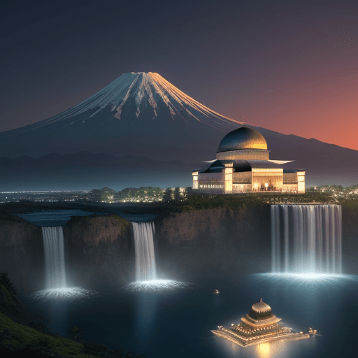 AI generated: beautiful | cinematic lighting | island  | huge islamic mosque | waterfalls | mount Fuji in the back...