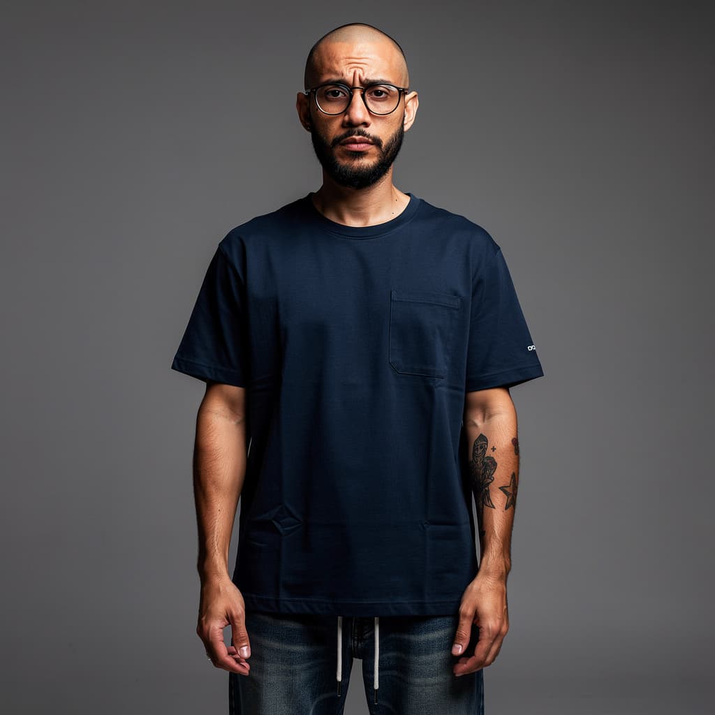 AI generated: photograph, front view, professional model, man, shaved hair and neat beard with horn-rimmed glasses...