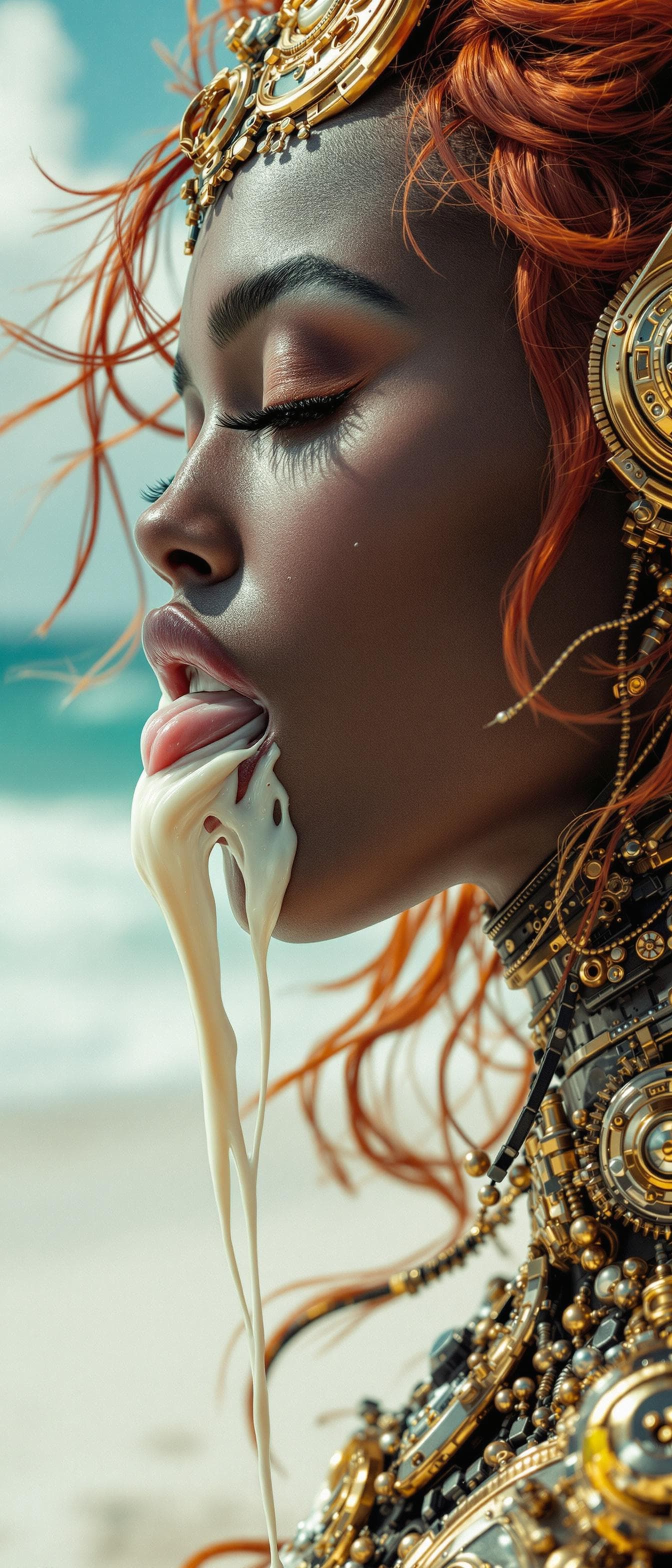 AI generated: High resolution photography  Side profile of a beautiful Redheaded, Brazilian woman with dark skin, ...