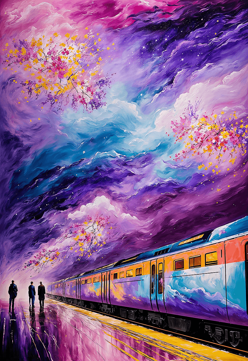 AI generated: abstract expressionist painting indoor of Hyperrealistic train detailed with blooming flowers, ether...