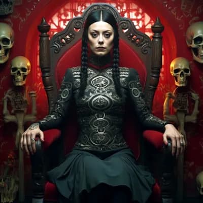 AI generated video: zoom in to the face of a woman sitting in a chair surrounded by skulls, she smiles as the camera get...