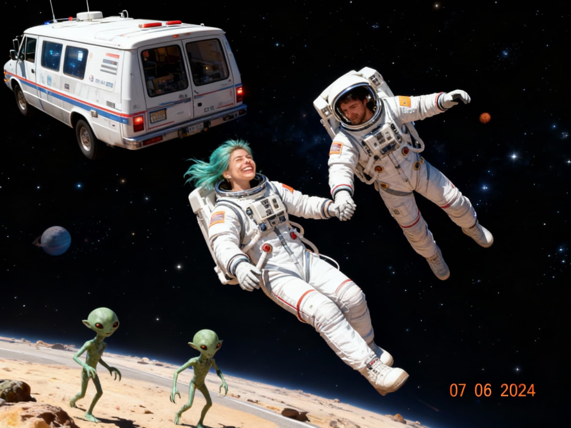 AI generated: phtorealsitic picture of the people in the pictures as astornouts in space saving ailens in their sp...