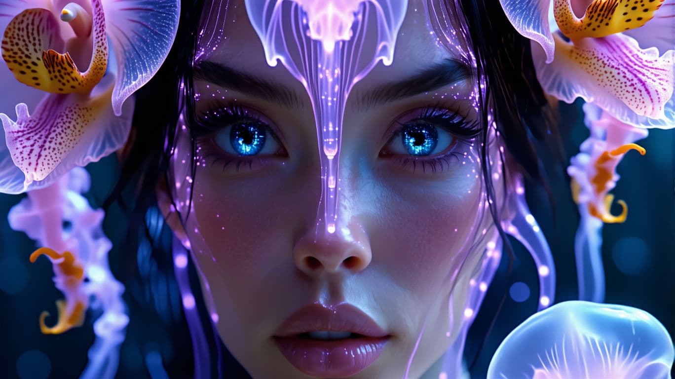 AI generated: Goddess close-up portrait ribcagel. jellyfish phoenix head, nautilus, orchid, skull, betta fish, bio...