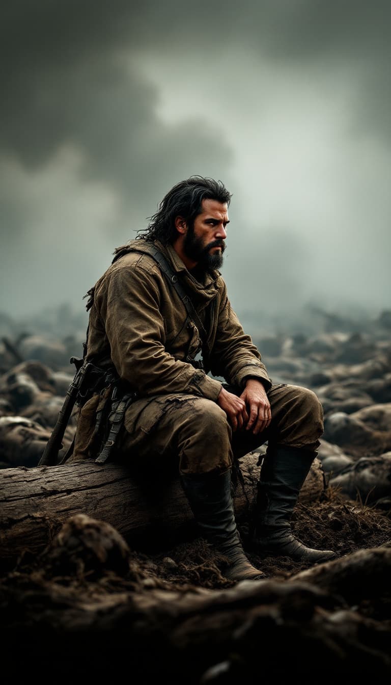 AI generated: Soldier Mateo sitting alone on a log, staring at the dirty field with a sorrowful expression, in the...