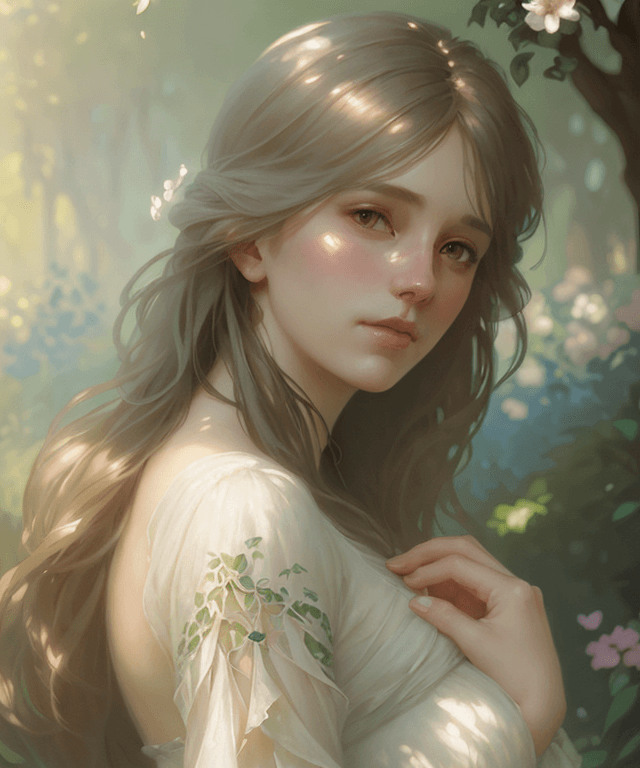 AI generated: a dreamy portrait of a woman in a beautiful garden, soft and gentle, subtle haze effect, soft, blurr...