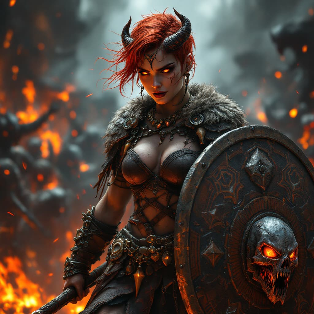 AI generated: The Demonic Shield Maiden: A fierce and resilient warrior with short, vibrant red hair styled in a p...