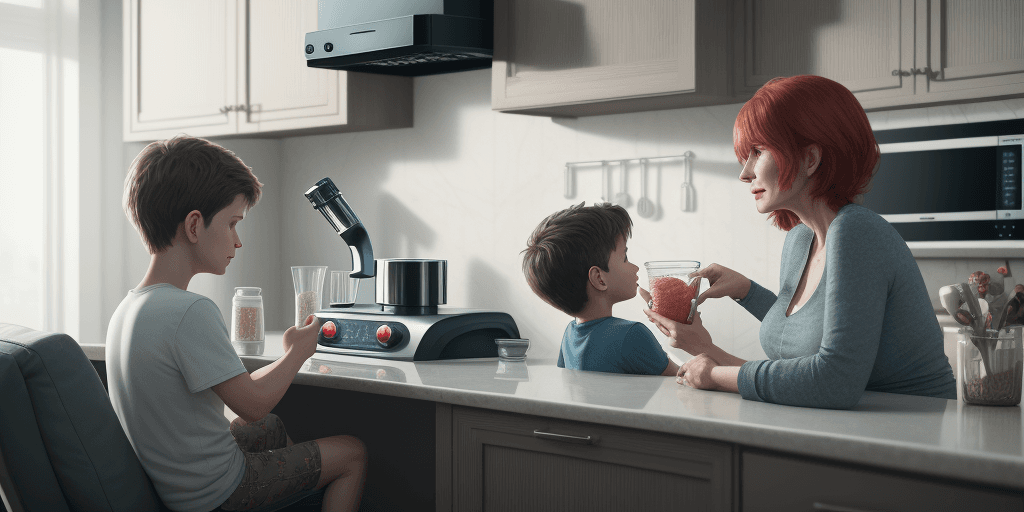 AI generated: A mother using a blender in the kitchen while her son watches television(TV) , cinematic, hyper real...