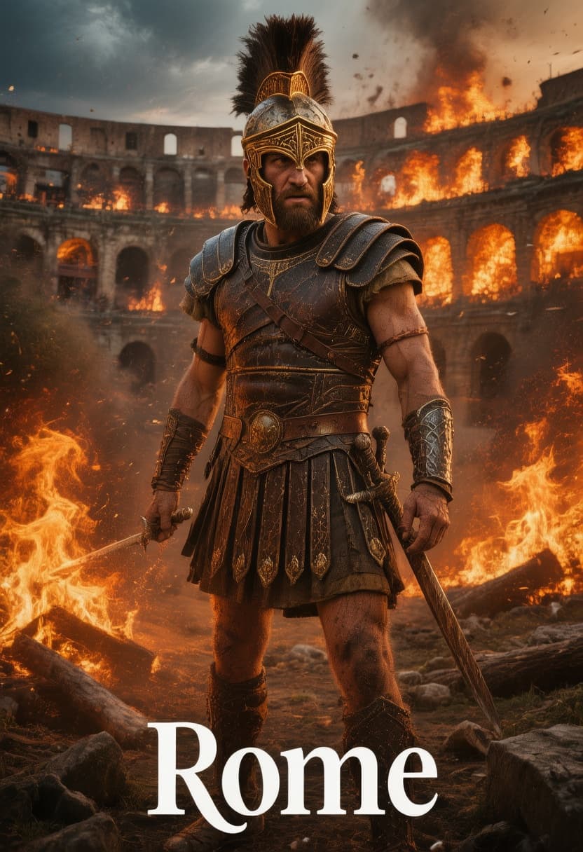 AI generated: Produce an image of a rome gladiator inside the coliseum while it burns to the ground ultra-realisti...