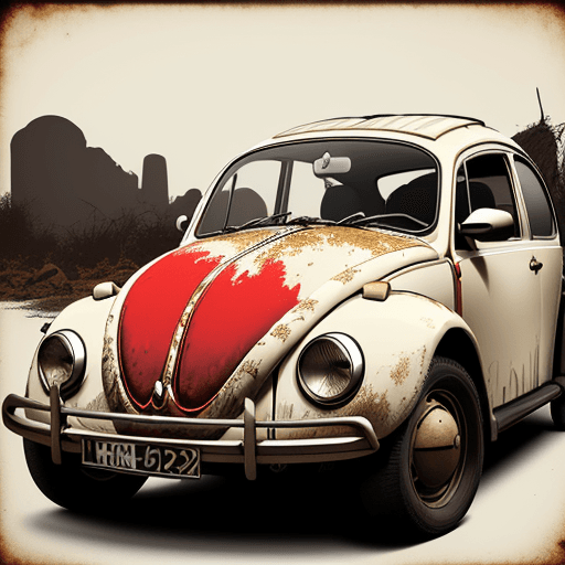 AI generated: vw beetle vintage poster, in the style of rustic simplicity, gritty reportage, kombuchapunk, rusty d...