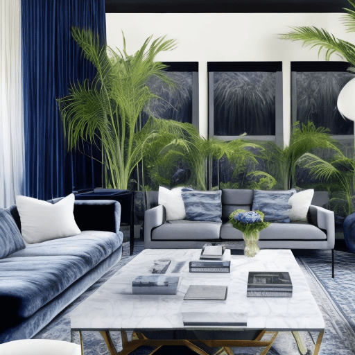 AI generated: A photo of an interior design in the style of Sana Alikov, with dark blue sofas and light grey carpe...