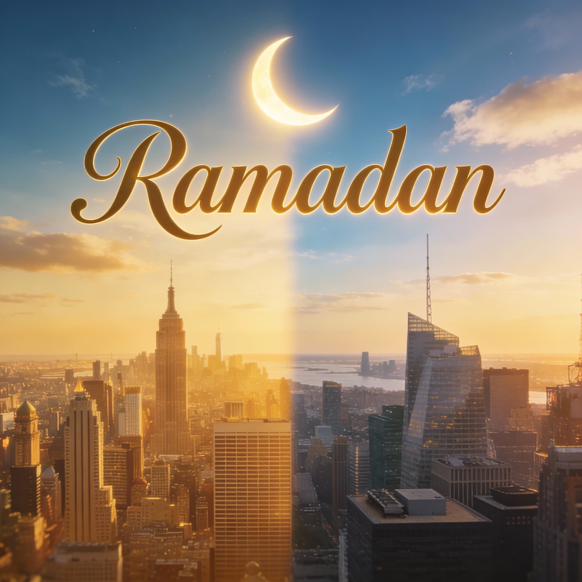 AI generated: A glowing crescent moon rising above both cities in a seamless cinematic blend. 
Elegant English cal...