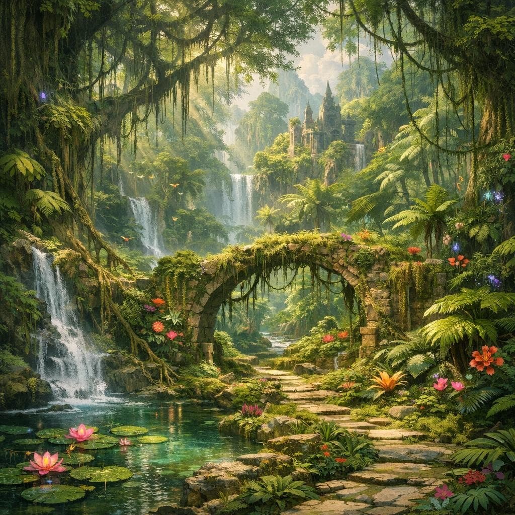 AI generated: Create a unique environment/Biome of a Plants → The Verdant Wilds (overgrown, thriving jungle)
