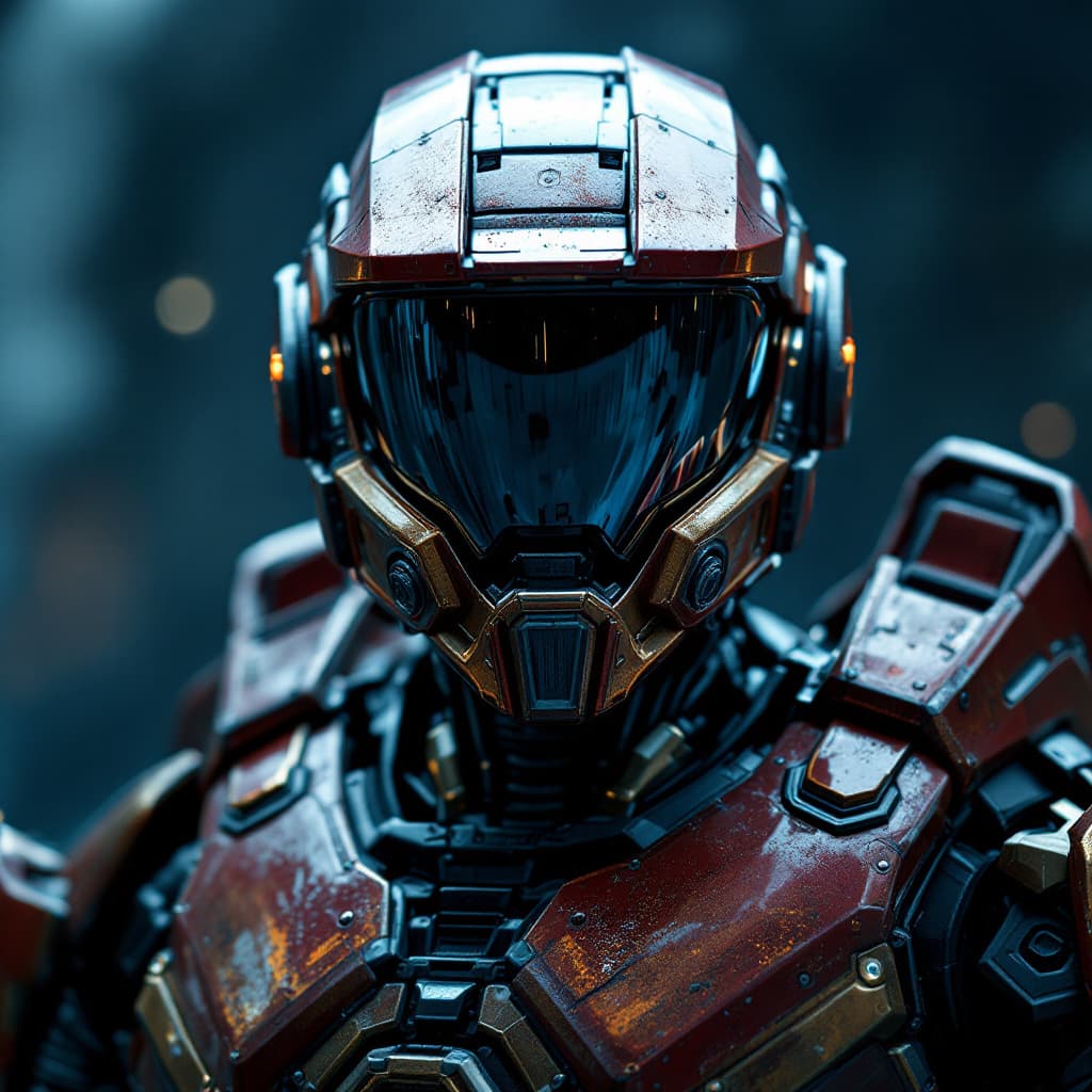 AI generated: Underworld robot with a reflective helmet, in the style of Halo Master Chief armor, photorealistic, ...