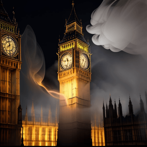 AI generated: Big Ben exploding, fire, smoke, at night