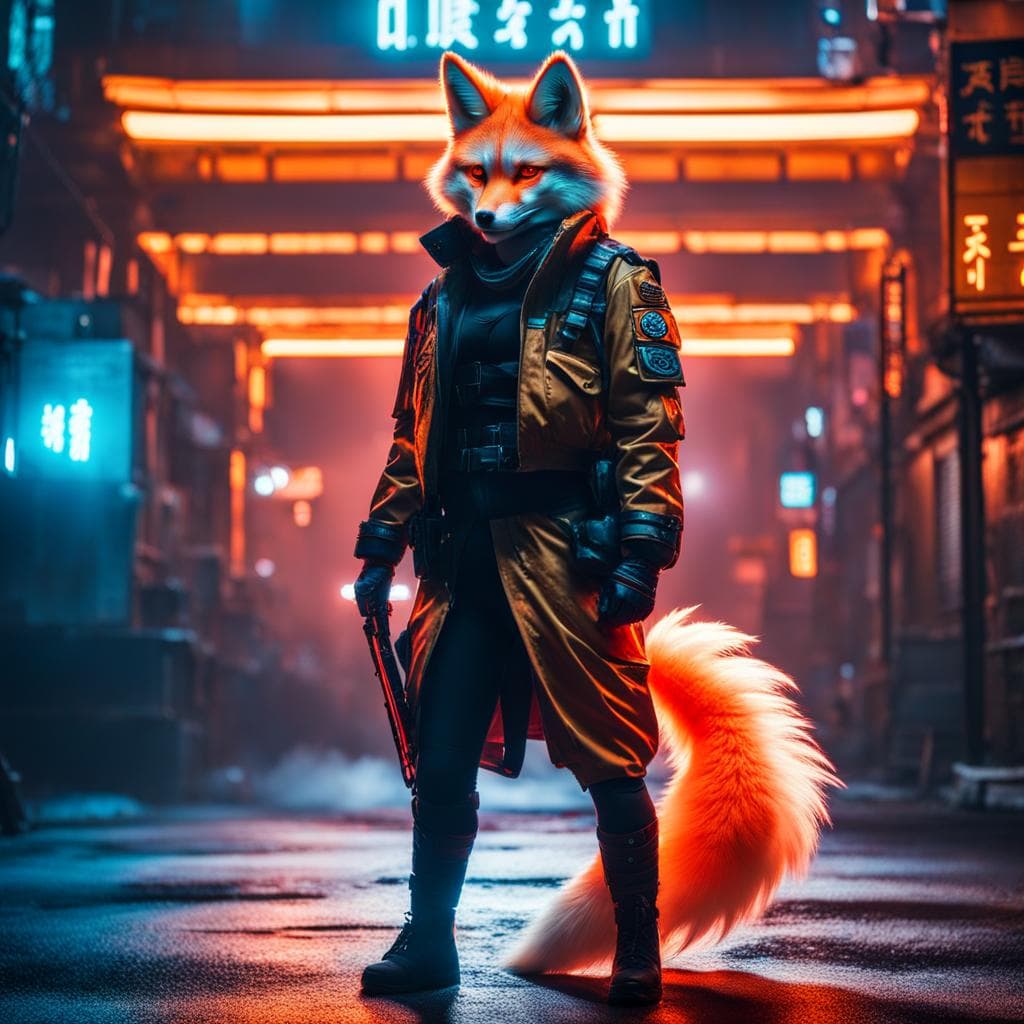 AI generated: a visual stunning photo of a Mr Fox | glowing | cyberpunk city | neon light | vibrant | Full body| k...