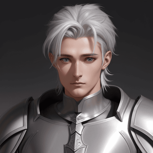 AI generated: paladin human man with silver hears grey big eyes and sheld, 29 years old, smal 
bristle
