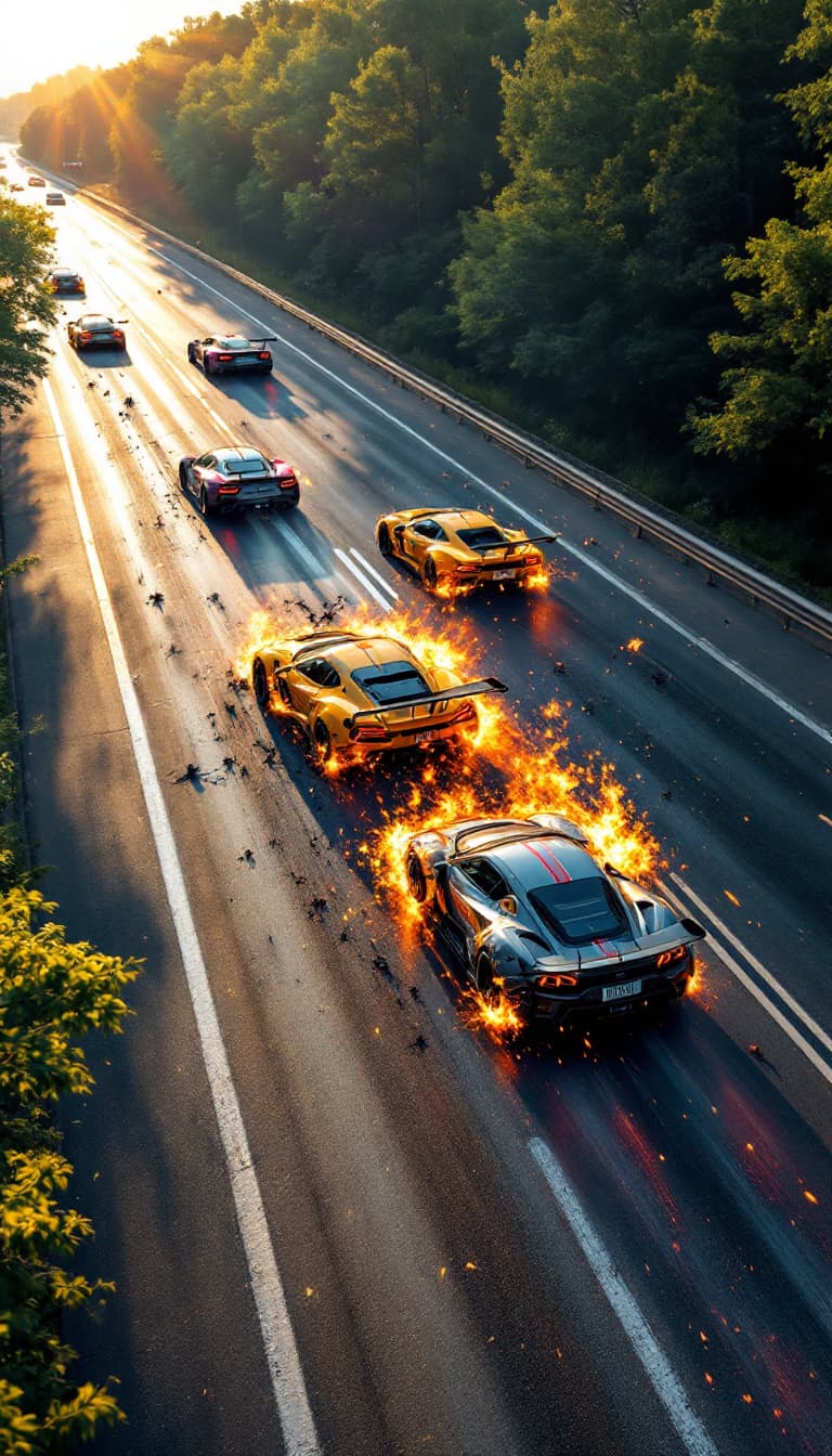 AI generated: Summer.      ACCIDENT on the highway! 2 racing cars collided. Small wrecks of cars on the highway. N...