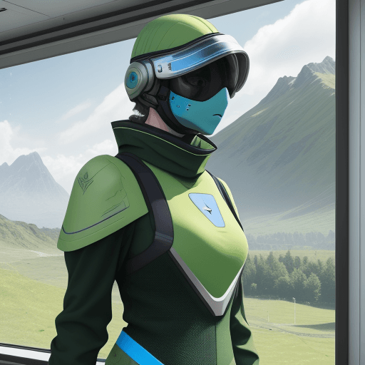 AI generated: Photo of a ultra realistic future green space outfit, die buchstaben ESS auf dem aunzug sichtbar, fa...