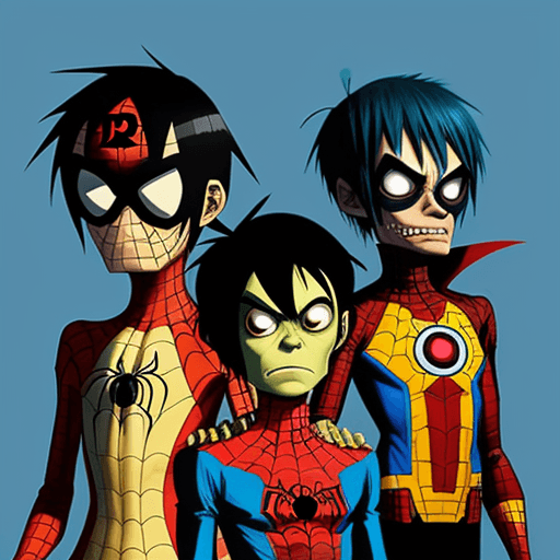 AI generated: 2-D from Gorillaz as Spider-man
Murdoc from Gorillaz as Batman
Noodle from Gorillaz as Iron man
Russ...