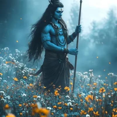 AI generated video: Character walks in field of flowers, subtle walk, subtle motion 