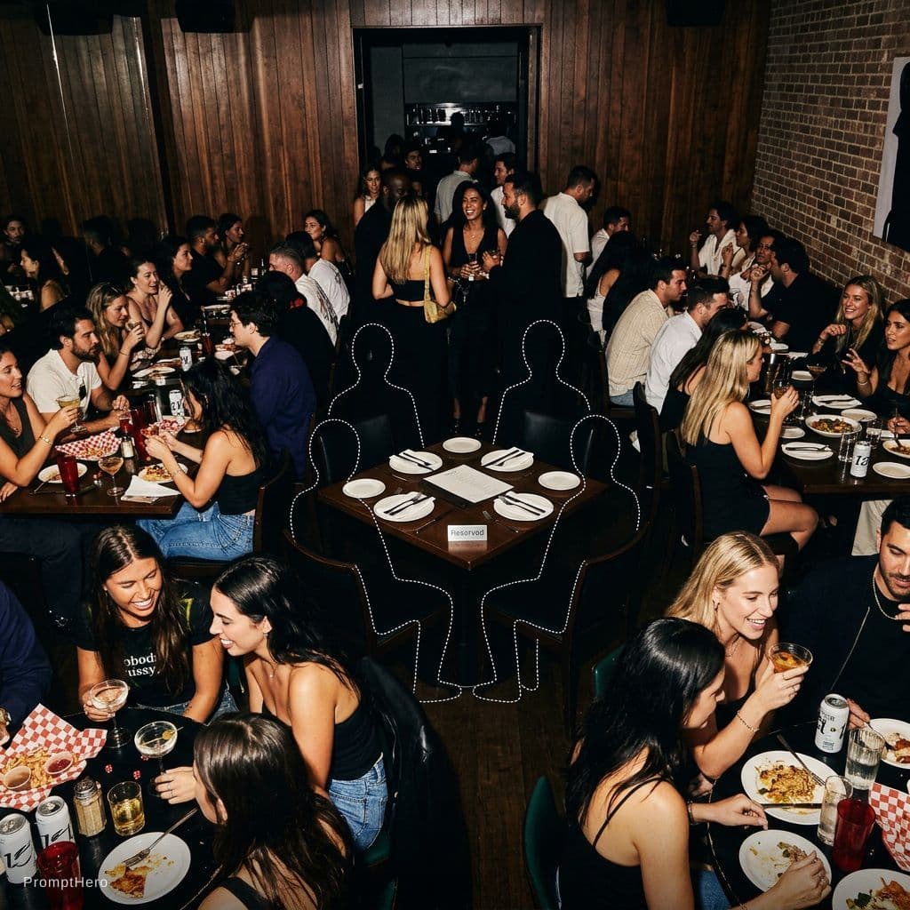AI generated: fashionable crowded-looking restaurant environment, night flash photography, paparazzi editorial vib...
