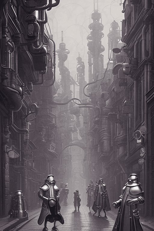 AI generated: A retro-futuristic 17th century city street, strange beings with bright black heads and highly artic...