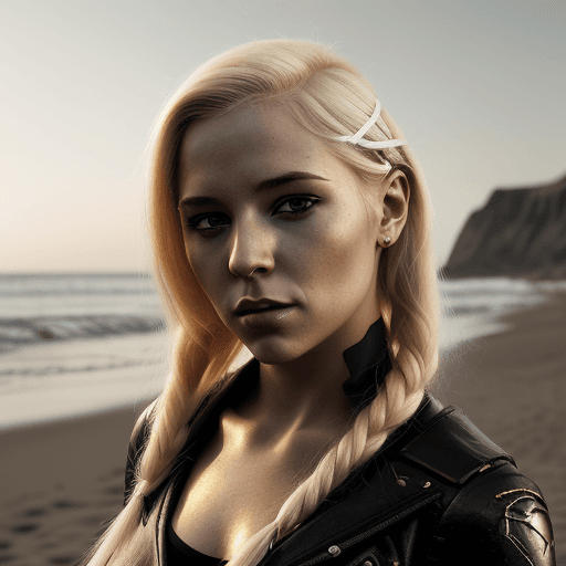 AI generated: girl with blond hair in black and a white, in the style of eve ventrue, vacation dadcore, photo-real...
