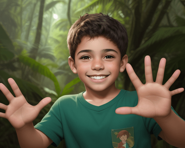 AI generated: realistic image of a boy with latino features smiling and waving with one hand against a background ...