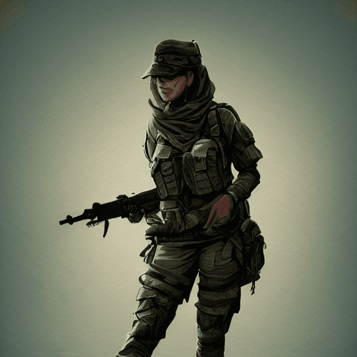 AI generated: woman, army, weapon, digital illustration, hd