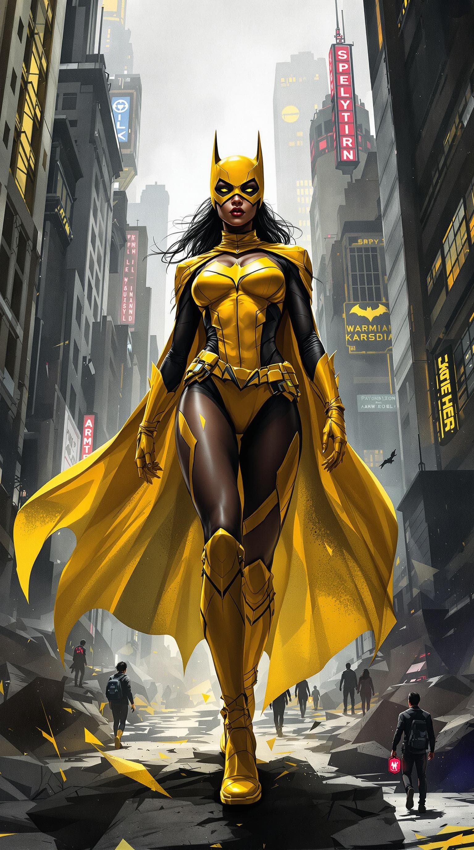 AI generated: a masterpiece, batgirl/supergirl from dc comic wearing alternate yellow costume, coy and alluring, f...
