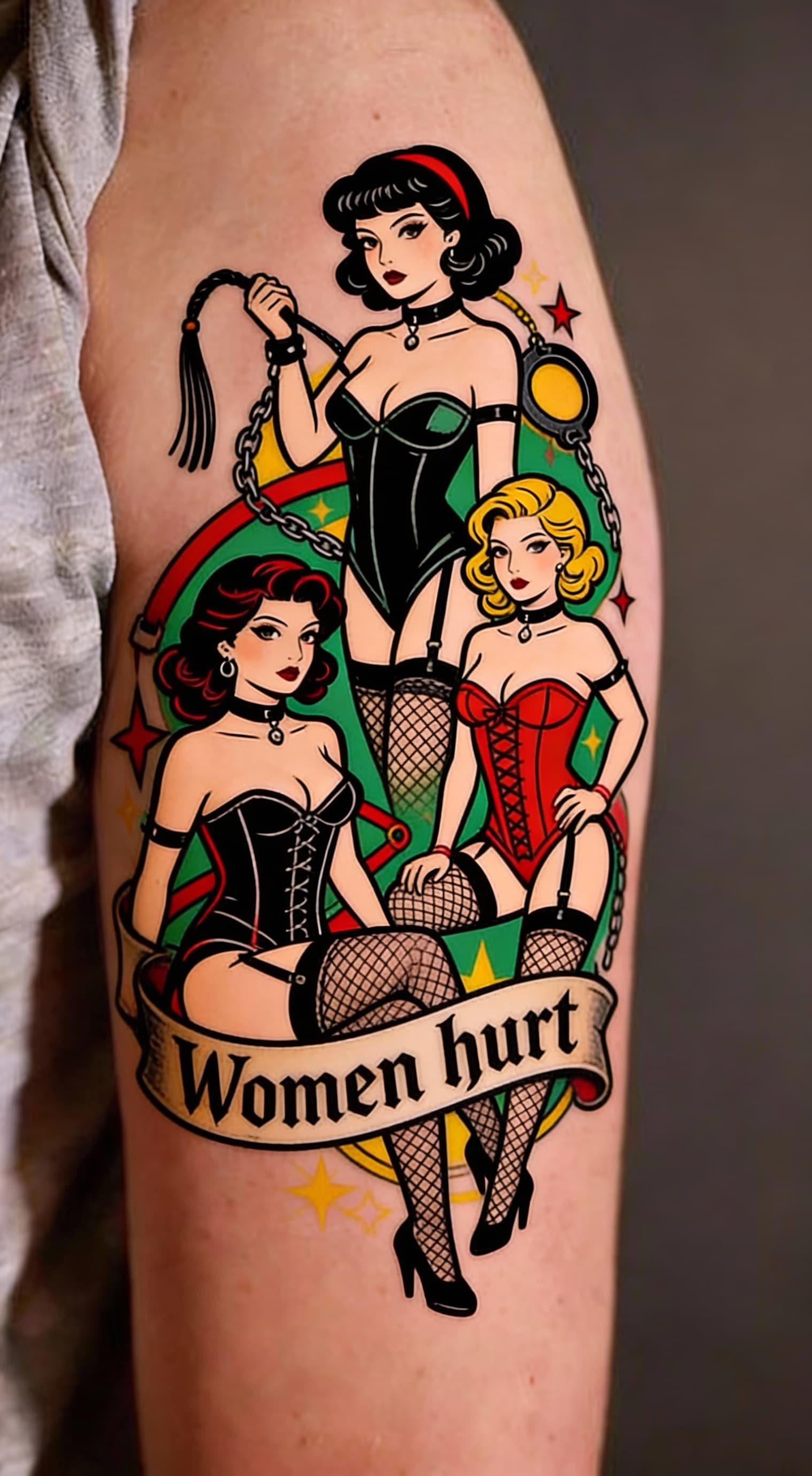 AI generated: add an old school tattoo style banner with the inscription "Women hurt"

