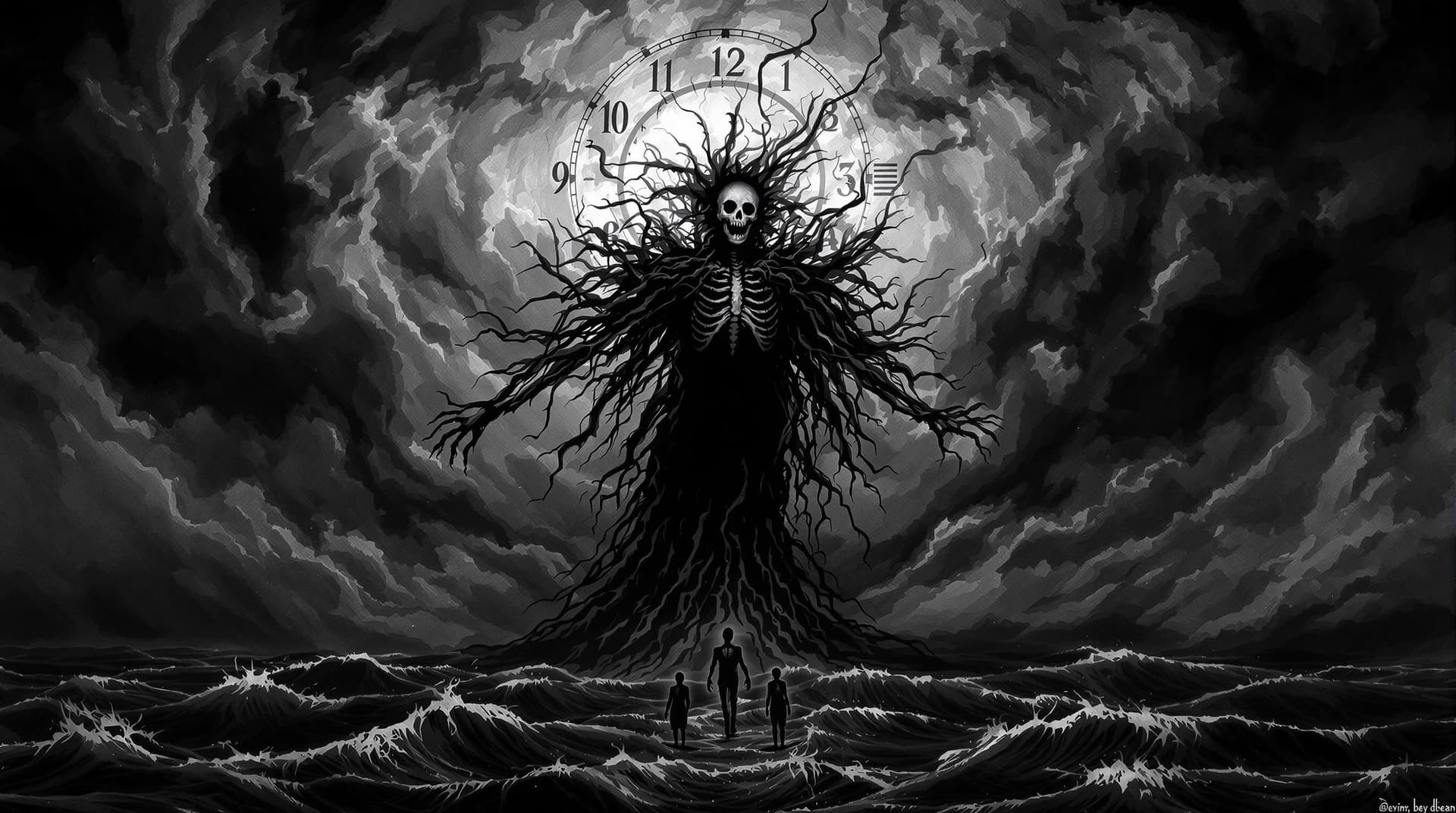 AI generated: The image depicts a hauntingly surreal scene in shades of black and white, filled with emotional int...